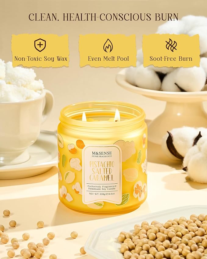 M&SENSE Pistachio Caramel Scented Candle, 11.6oz Natural Soy Wax Non Toxic, 2 Wick Jar Candle, Up to 70 Hours Clean Burn, Housewarming Gift for Women, Nutty Sweet Aroma for Home Office Comfort