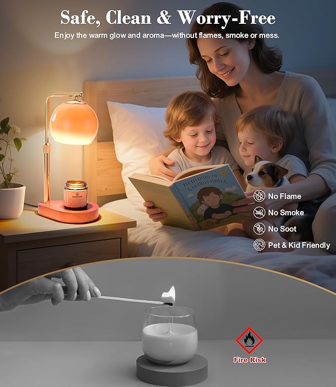 Amber Glass Candle Warmer Lamp Adjustable Height Dimmer 2 4 8 Hour Timer Dark Wood Base Wax Melter Includes Scented Candle and 2 Bulbs for Cozy Bedroom Living Room Home Decor