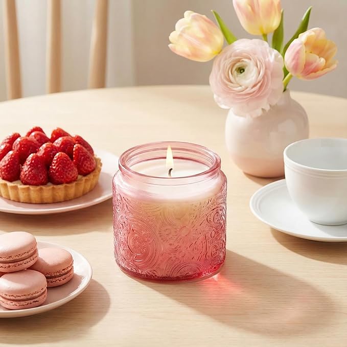 9-Pack 10 oz Sun Moon Star Embossed Glass Candle Jars with Mirror Lids and Labels - Unique Pink Candle Containers with Lids for Candle Making