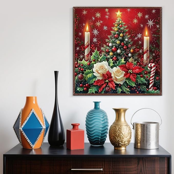 Christmas Tree Candle Flower Diamond Painting Kits for Adults,5D Diamond Art Kits for Adults Beginners,DIY Full Round Drill Diamond Dot Painting Gem Art Kits for Adult,Home Wall Decor 13.8x13.8 Inch