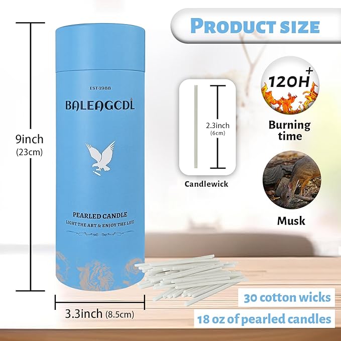 Musk Scented White Pearled Candle 18oz Luxury Sand Candle Granulated Wax - 30 Cotton Wicks – Wax for Candle Making Decorative Candles Smooth and Clean Burning Lasts up to 120 Hours