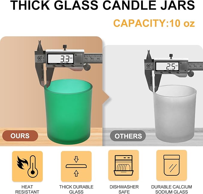 SHOWIN 10 OZ Thick Candle Jars for Making Candles 15 Pcs, Empty Jars with Wood Lids for Candle Making, Sample Container, Frosted Green