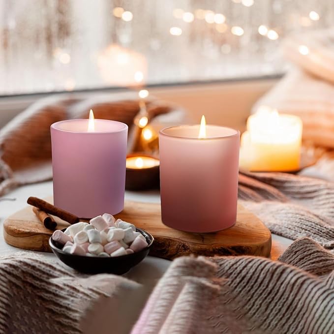 SHOWIN 8 OZ Thick Candle Jars for Making Candles 15 Pcs, Empty Jars with Wood Lids for Candle Making, Sample Container, Frosted Pink