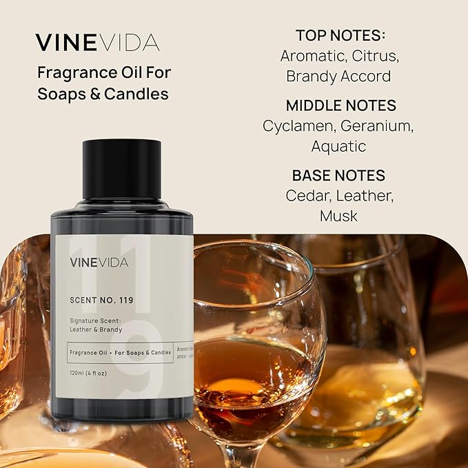 VINEVIDA [4 oz] Leather & Brandy; Fragrance Oil for Candle Making and Soap Making - Premium Candle Scents for Soy Candles