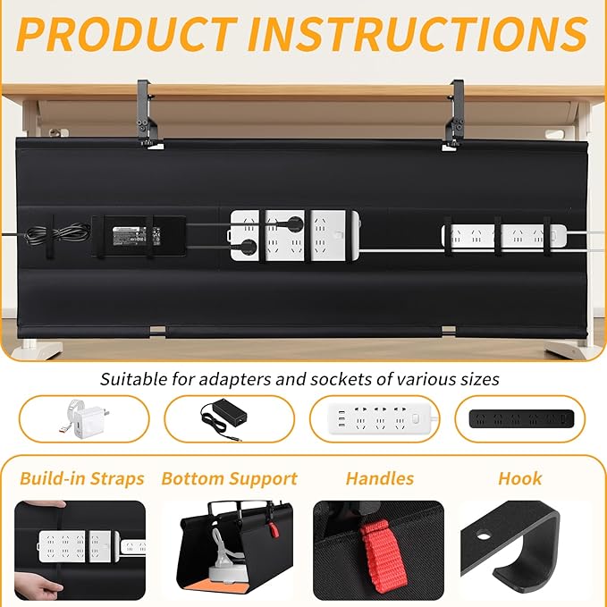 Under Desk Cable Management Tray with Clamp, No Drill 48" Cord Organizer for Desk, Desk Cable Management Fabric Tray for Standing Desks, Ideal for Home & Office - Black