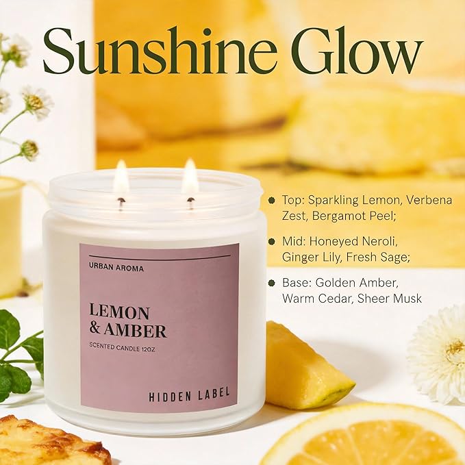 Hidden Label Lemon & Amber Scented Candle | 12oz Natural Soy Candle | Warm Citrus & Golden Amber | 70-Hour Clean Burn | Modern Boho Home Décor | Cozy Hygge Gift for Women, Housewarming