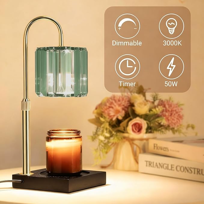 Yuichoy Candle Warmer Lamp Green with Timer, Dimmable Electric Candle Wamer Adjustable Height, Gifts for Women Mom, Glass Modern Candles Melter Lamp