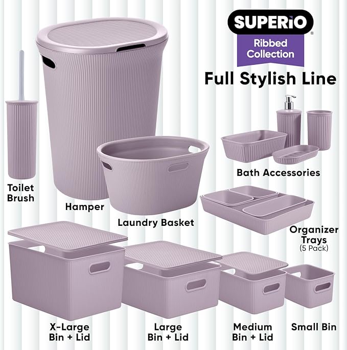 Superio Ribbed Collection - Decorative Plastic Basket Open Home Storage Bins Organizer, Large Lilac Purple (2 Pack) Container Boxes for Organizing Closet Storage Bins for Shelves 15 Liter/16 Quart