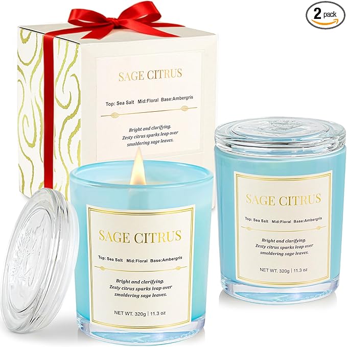 2 Pack Candles for Home Scented,Wood Wick Sage Citrus Scented Candle,22.6 oz 150 Hour Long Burning Lasting, Natural Soy Wax Candles Gifts Set,for Holiday Day