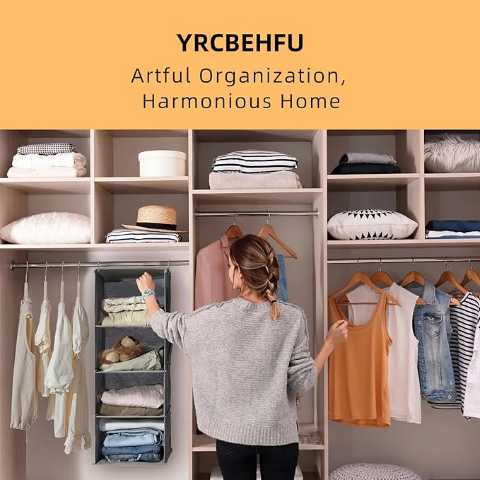 2 Packs Hanging Closet Organizer, 6-Shelf Closet Organizers and Storage with Side Pockets, Collapsible Hanging Shelves for Closet & RV & College Dorm,Beige