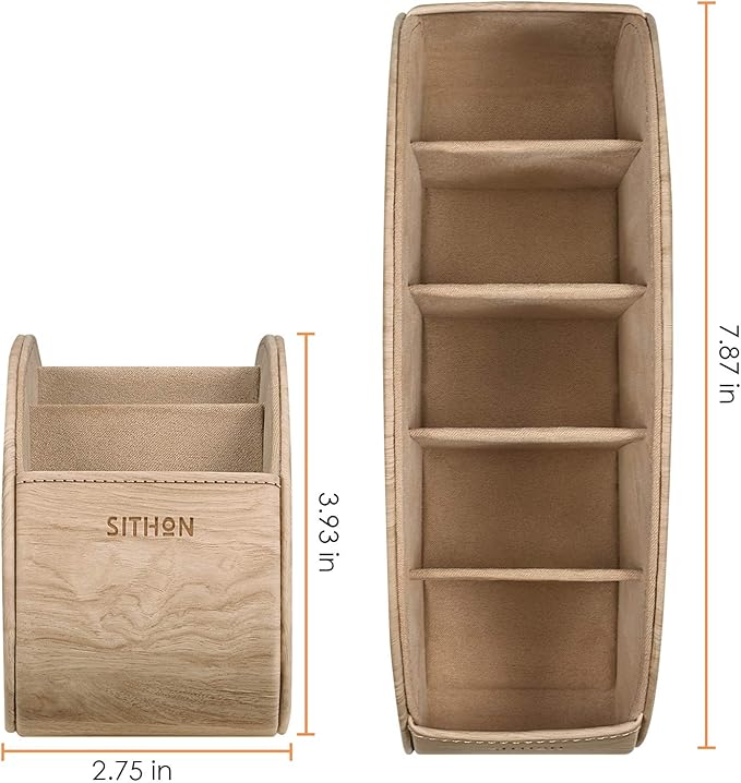 SITHON Remote Control Holder with 5 Compartments - PU Leather Remote Caddy Desktop Organizer Store TV, DVD, Blu-Ray, Media Player, Heater Controllers, Woodgrain Khaki