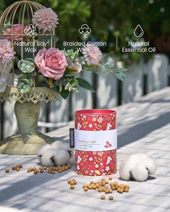 M&SENSE Spring Candle 11.3 oz,Strawberry Souffle Scented Candle,Non-Toxin Soy Wax for Home Scented, Floral Candles Gift for Women, Up to 70 Hours Burning Long-Lasting Fragrance