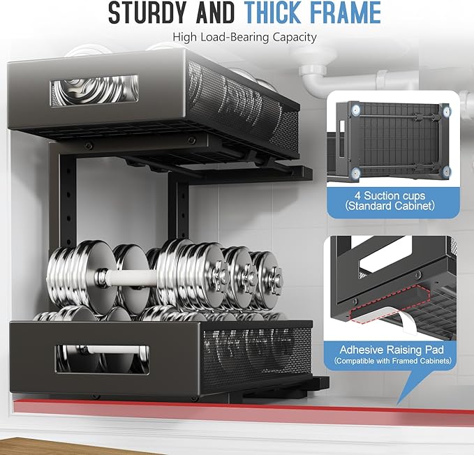 2-Pack Under Sink Organizers And Storage,Large Capacity 2-Tier Pull-Out Cabinet Organizer With Upgraded Tube Rails,Adjustable Height Sliding Drawers,Sturdy Mesh Shelves For Kitchen&Bathroom-Black