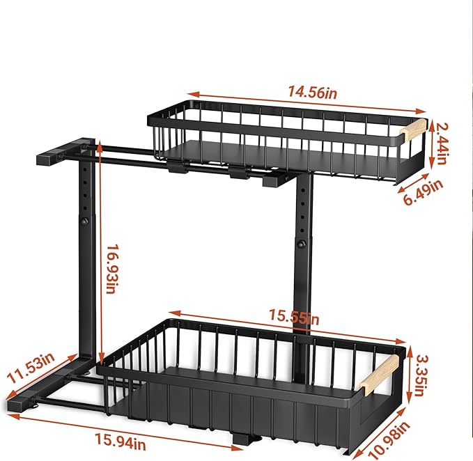 Under Sink Organizer, L-Shape 2 Tier Pull Out Cabinet Organizer with Adjustable Height, Metal Sliding Storage Rack for Kitchen Bathroom Pantry, Black, 2 Pack