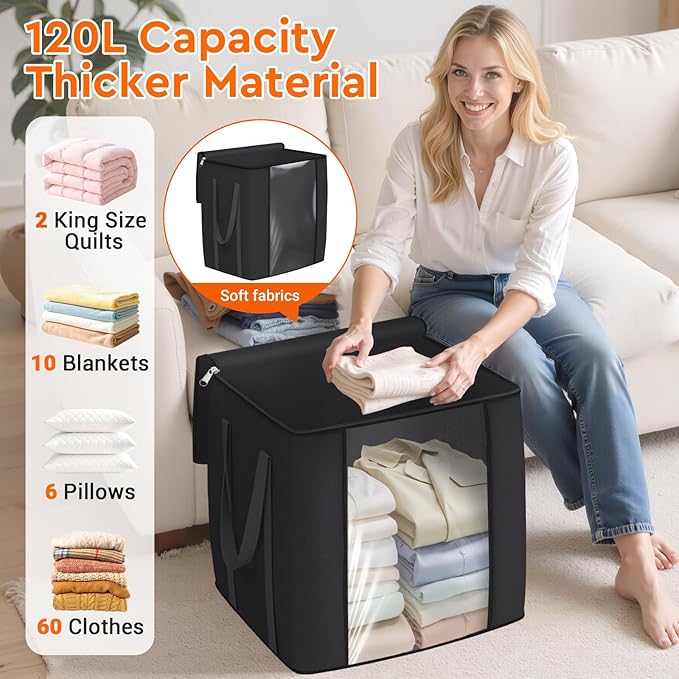 TasticTotes 120L Extra Large Clothes Storage Bags, Foldable Blanket Storage and Organization, Thick Fabric Containers with Reinforced Handles & Zippers for Clothing, Comforters, Bedding, Black, 1 Pack