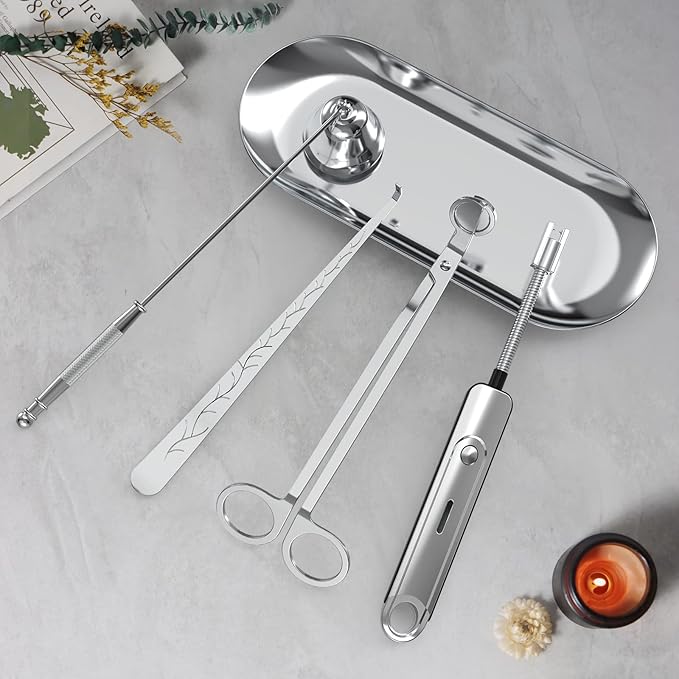 Lsnisni 5Pcs Candle Accessory Set with Rechargeable Electric Lighter, Storage Tray, Wick Trimmer, Snuffer, Dipper - Stainless Steel Care Kit with Gift Package for Candle Lovers - Silver