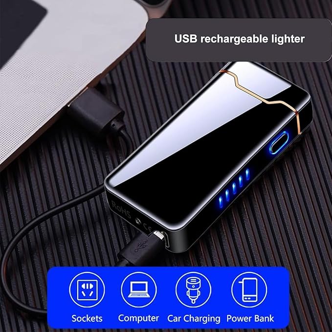 Electric Lighter Plasma Rechargeable with LED Battery Indicator Big Flame, USB Convenient Charging, Windproof Outdoor Cool Lighter Gifts for Men（B-Black）