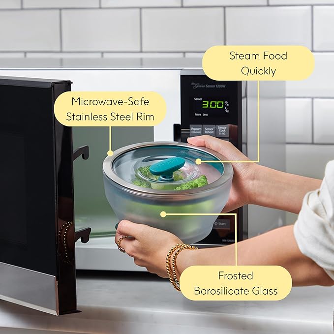 Anyday 4-Pc Microwave Cookware & Glass Food Storage Set with Glass Lids | Large Plastic-Free Containers | Stackable Steamer with Vented Lid for Microwave-Safe Reheating & Steaming Vegetables, Rice
