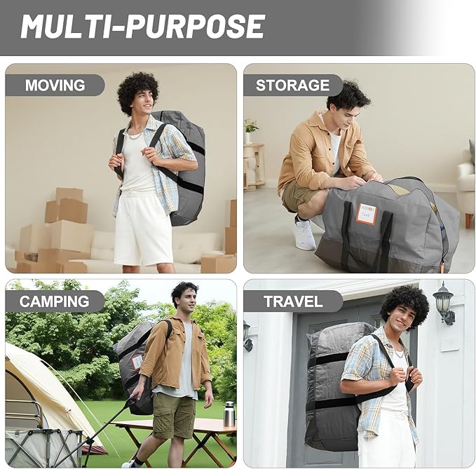 6 Pack Large Moving Bags, 115lb Capacity Heavy Duty Packing Bags with Internal Compression Straps, Storage Bag with Zippers and Strong Handles, Alternative to Moving Boxes -103L,Grey and Black