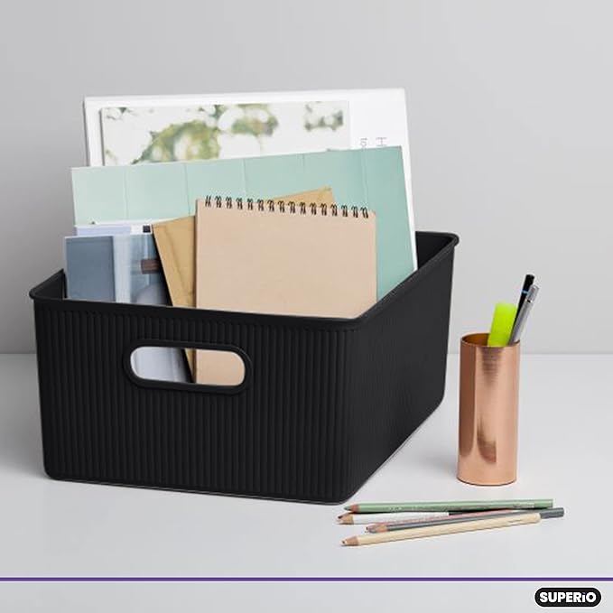 Superio Ribbed Collection - Decorative Plastic Basket Open Home Storage Bins Organizer, Large Brown (1 Pack) Container Boxes for Organizing Closet Storage Bins for Shelves 15 Liter/16 Quart