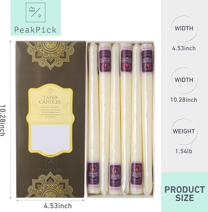 12 Pack Ivory Taper Candles - Taper Candles 10 Inch Smokeless & Unscented - 8 Hours Long Burning - Hand Poured Tall Candlesticks - Ideal for Wedding, Party, and Home Décor