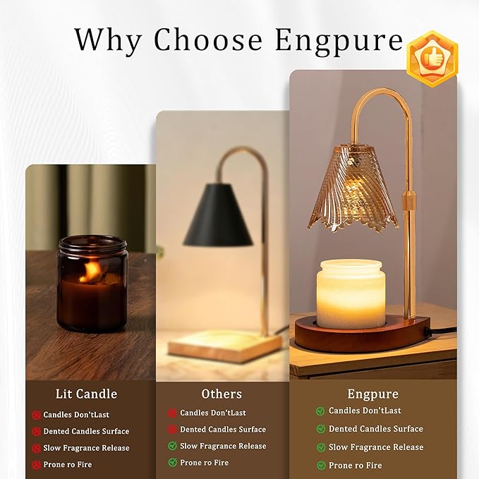 Candle Warmer Lamp with Timer Dimmable,Glass lampshade and Water-Drop-Shaped Wooden Base,Height Adjustable Candle Warmer with 2 Bulbs,Gifts for Women Mom,House Warming Gifts New Home Bedroom Decor