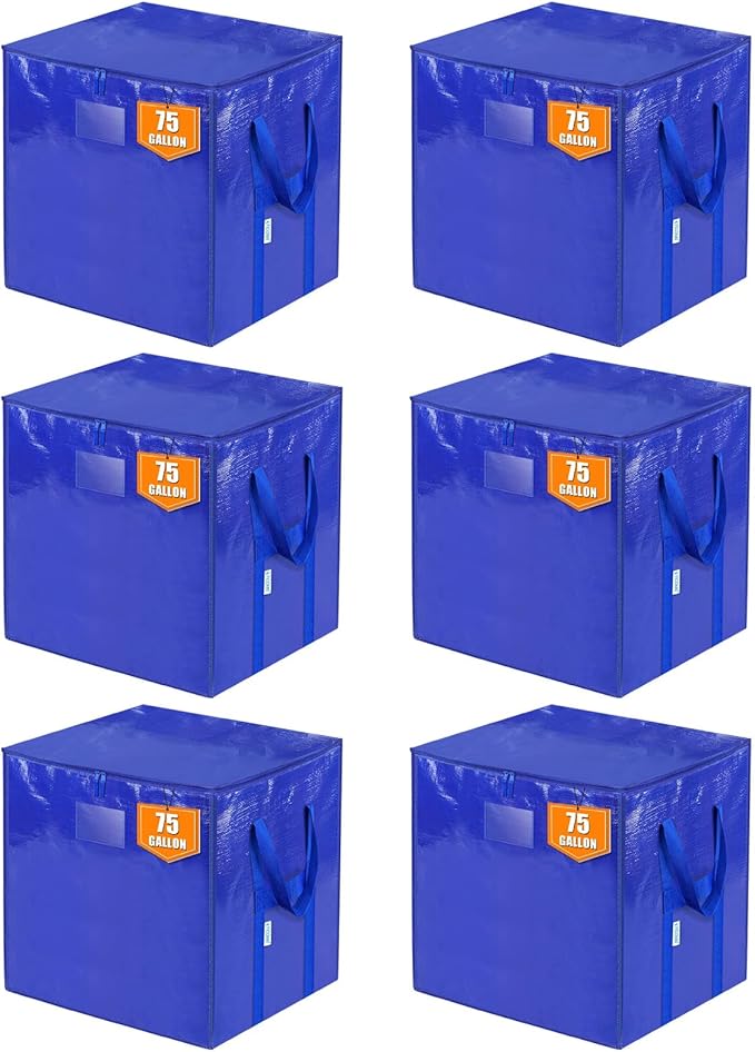TICONN 6 Pack Extra Large Moving Bags with Zippers & Carrying Handles, Heavy-Duty Storage Tote Moving Boxes for Space Saving (6 PK, 75 Gallon)