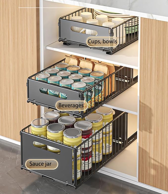 YunNasi Pull Out Cabinet Organizer Slide Out Drawer Storage Shelves Cupboard Organiser Sliding Cabinet Basket for Kitchen No Drilling and Nailing (Black, 2Piece 9.8" W X15 D X 7.5" H)