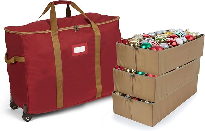 Covermates Keepsakes Rolling Adjustable Ornament Storage Bag – Heavy-Duty Polyester, FlexGrid Trays & Padded Dividers – Protective Holiday Organizer with Wheels, Handles & ID Window, Red