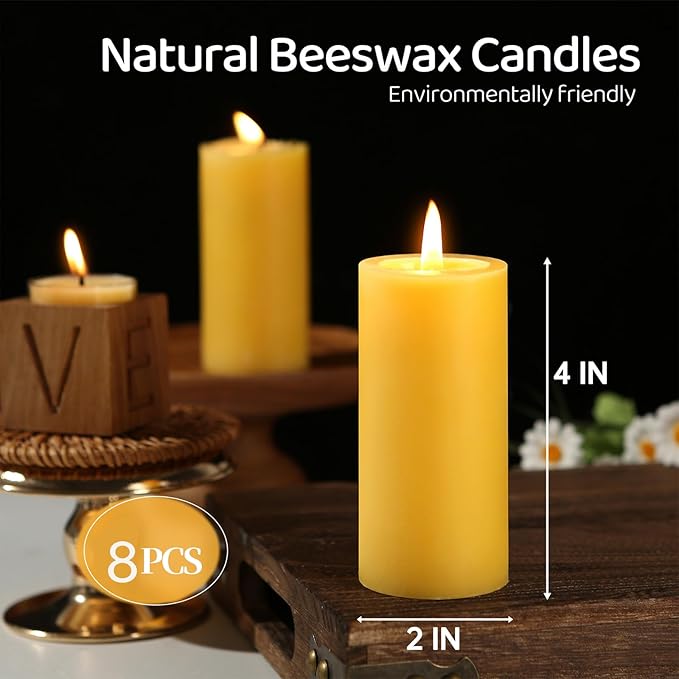 8 Pack Natural Beeswax Pillar Candles,100% Pure Beeswax Candles-280 Hours Long Burning,Unscented Bees Wax Candle for Home,Prayer,Emergency,Dripless Smokeless Organic Bees Wax Candle