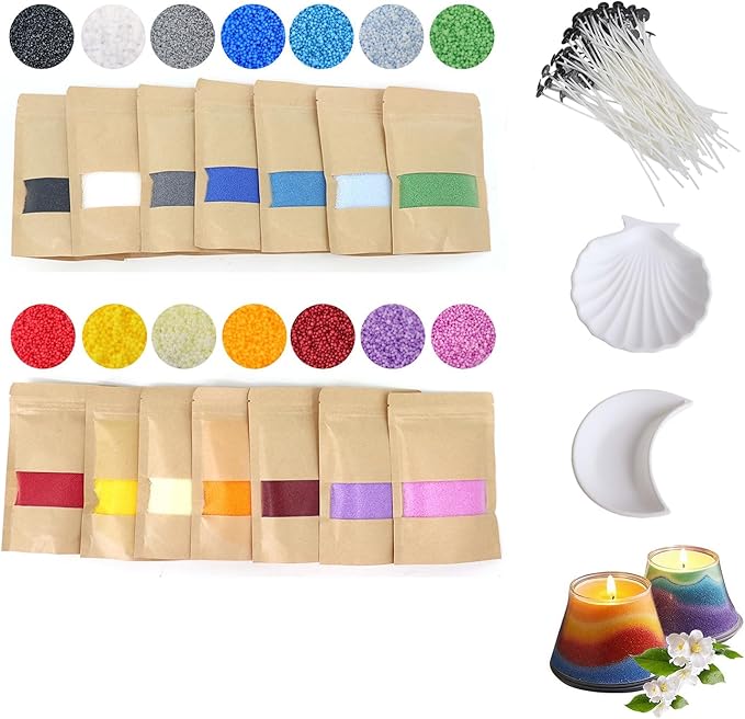 Monivi 14-Color Pearled Candle Sand Set 1.55lb/24.7oz, Unscented Sand Wax Beads with 50pcs Wicks & Candle Trays for Candle Making Beginners, Relaxing Home Décor, Gift for DIY Lovers (14-Color Set)