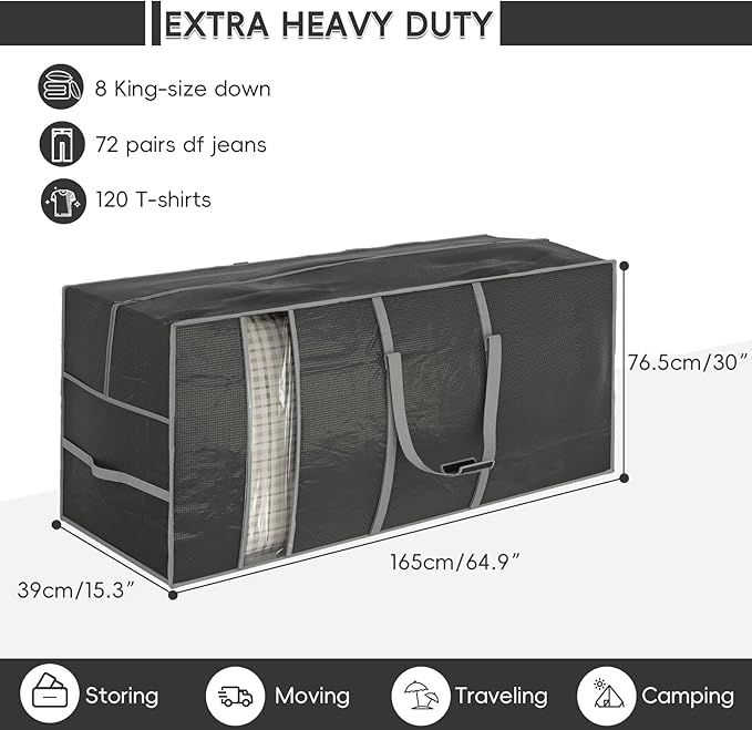 Extra Large Heavy Duty Moving Bags with Reinforced Zipper & Wide Handles, Moisture-Resistant Storage Bins Packing Cubes for Clothes, College Dorm, Travel, and Home Organization