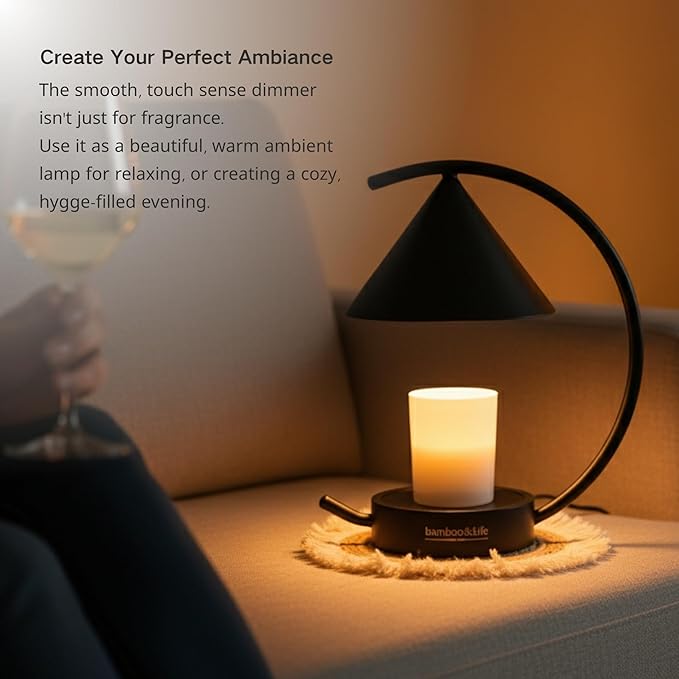 bamboo&life®Moonlit TouchOn Candle Warmer,Eco-Luxury 5-Pc Gift Set incl. Fringe Mat&Wax Dish,Authentic Japan Design,Touch Dimmer,Real Bamboo Base,UL&ETL Certified,US Brand,Birthday&Housewarming Gift