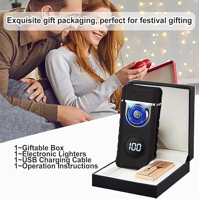 Electric Lighters Plasma Lighters Rechargeable with with LED LED Display and LED Emergency Lights Windproof USB Rechargeable Lighter Cool Lighte for Candle,Camping,Gift(Matte Black)