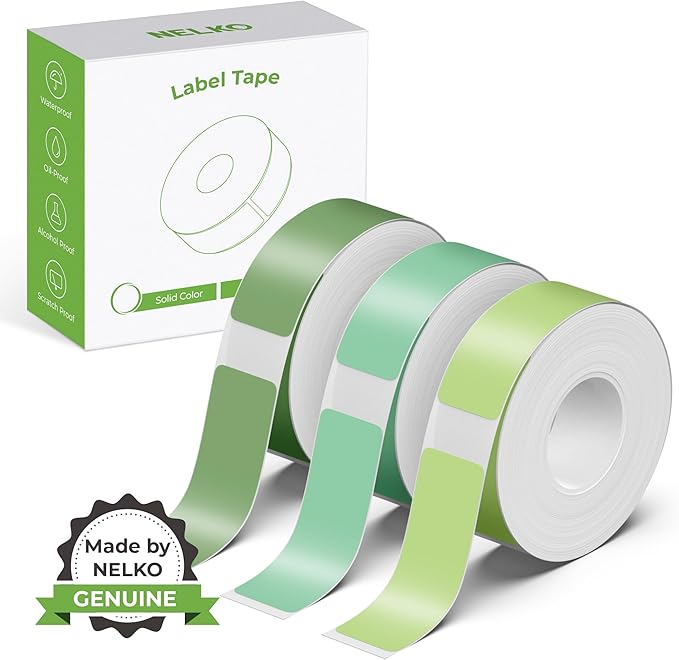 NELKO Genuine P21 Label Maker Tape, Adapted Label Print Paper, 14x40mm (0.55"x1.57"), Standard Laminated Labeling Replacement, Multipurpose of P21, 180 Tapes/Roll, 3-Roll, Light Green/Green/Dark Green