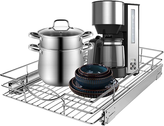 Sikarou Pull Out Cabinet Organizer, Heavy Duty Kitchen Cabinet Pull Out Shelves, Slide Out Wire Basket for Kitchen Cabinets, Bathroom, Pantry, Chrome Finish (11 * 17 in)