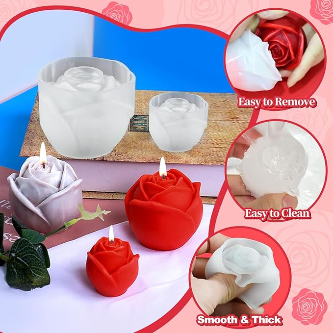 2 Pack Rose Candles Molds, Set of Large + Small 3D Flower Silicone Molds for Candles Making, Epoxy Resin Casting Handmade Soap, Clay Plaster Home Décor Wedding, Valentines Day Mothers Day Gift