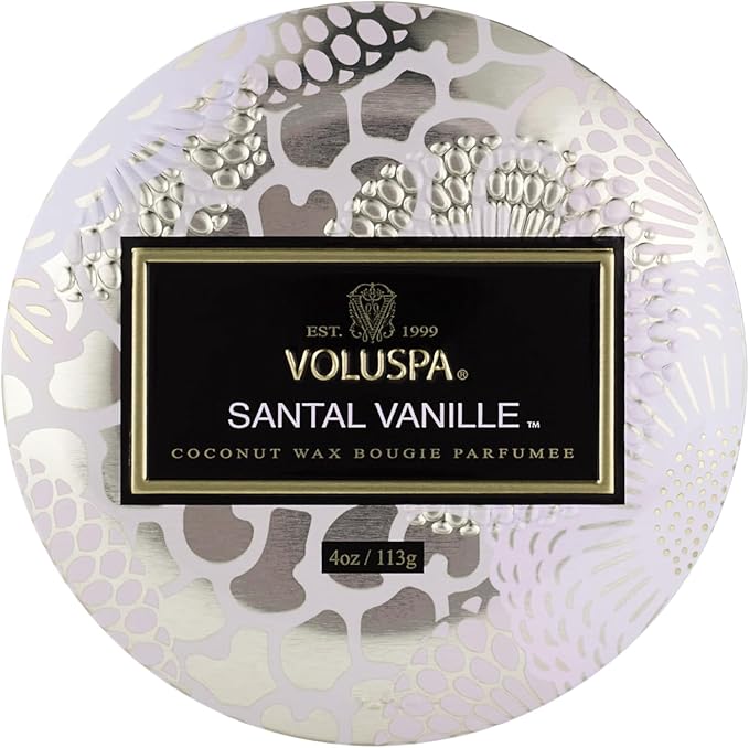 Voluspa Santal Vanille, Mini Tin Candle, 4 Ounce, 25 Hour Burn Time, Coconut Wax for Clean Burning, Handcrafted in The USA