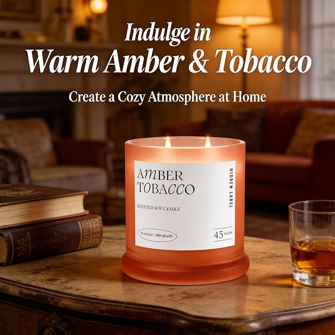 Hidden Label Amber Tobacco Scented Candle, 2 Wick Large Candles for Home Scented, 13oz Natural Soy Wax, 75Hours Long Lasting Slow Burning, Aromatherapy Candle with Reusable Glass Jar
