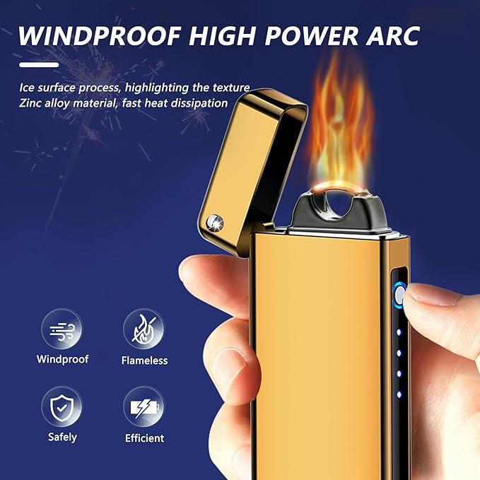 BABOBIU Electric Arc Lighter Rechargeable USB C Plasma Lighter Big Flame Lighter Electronic Candle Lighter Windproof Lighter with LED Battery Indication Lighters for Men, Women, Friends(Ice Gold)