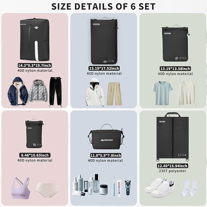 6 Set Vacuum Bags for Travel, Professional IPX8 Reusable Organizer, Compression Packing cube for Suitcases, Durable Seal Space Saver Bags -Traveling/Skiing Essentials (Black with Pump)