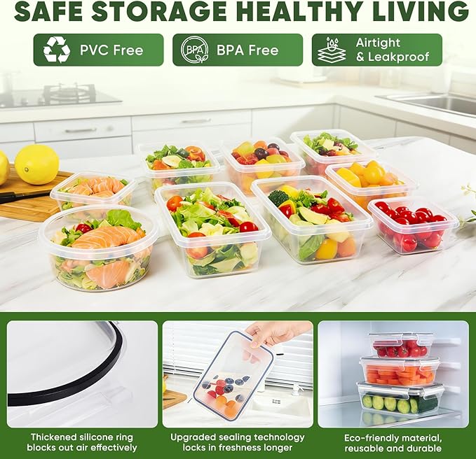 24-Piece PVC-Free BPA-Free Food-Grade Plastic Kitchen Set (12 Containers + 12 Lids), Leakproof Airtight Reusable Meal Prep & Food Storage Containers, Microwave and Dishwasher Safe