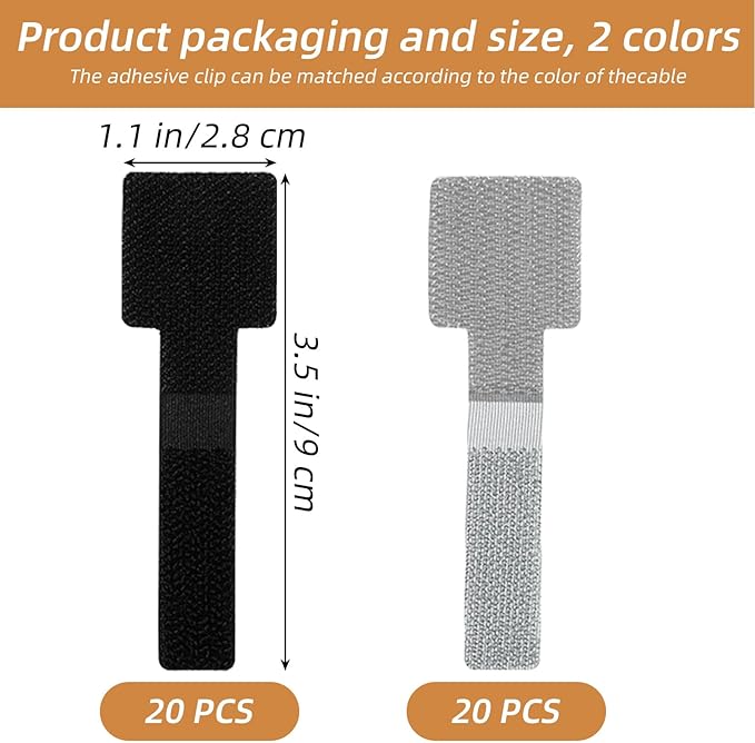 Cord Organizer, 40 PCS Adjustable Cable Management Under Desk, Reusable Hook and Loop Cable Ties, Self Adhesive Wire Organizers for Home Office (Black, Gray)