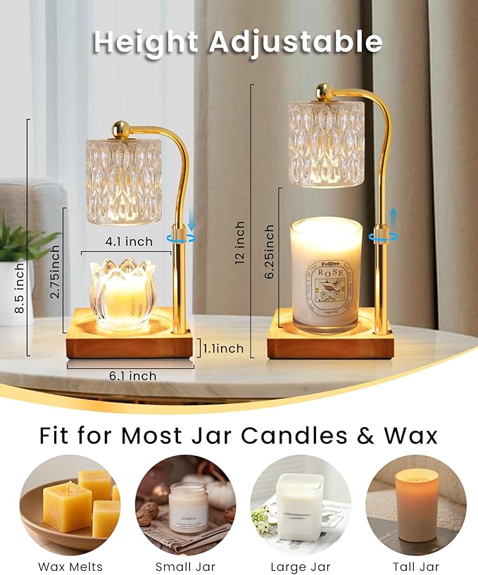 Candle Warmer Lamp Adjustable Height with Timer Dimmer, Dimmable Glass Wax Melt Warmer Light for Scented Jar, Present for Women Candle Lovers Christmas House Warming Home Decor Brithday, Crystal