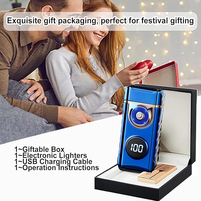 Electric Lighters Plasma Lighters Rechargeable with with LED LED Display and LED Emergency Lights Windproof USB Rechargeable Lighter Cool Lighte for Candle,Camping,Gift(Blue)