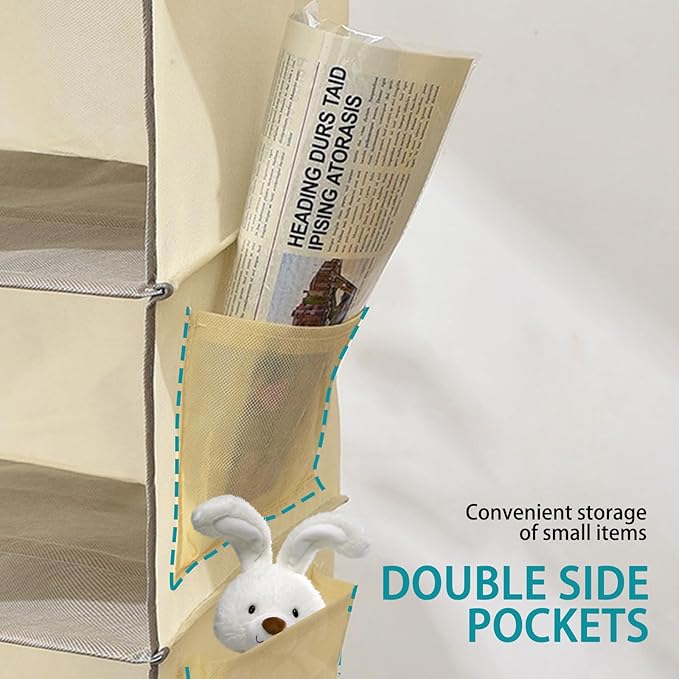 2 Pack 6-Shelf Hanging Closet Storage,Strong Frame Beige Closet Organizer with Side Pockets for Clothes and Accessories, Closet Organizers and Storage Solution, Send Goods from Local Warehouse