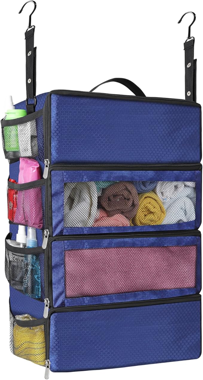 esouler Suitcase Organizer, Travel Luggage Organizer hanging packing cubes for travel，portable hanging travel shelves Collapsible closet organizer for Carry-on (Navy blue, Medium)