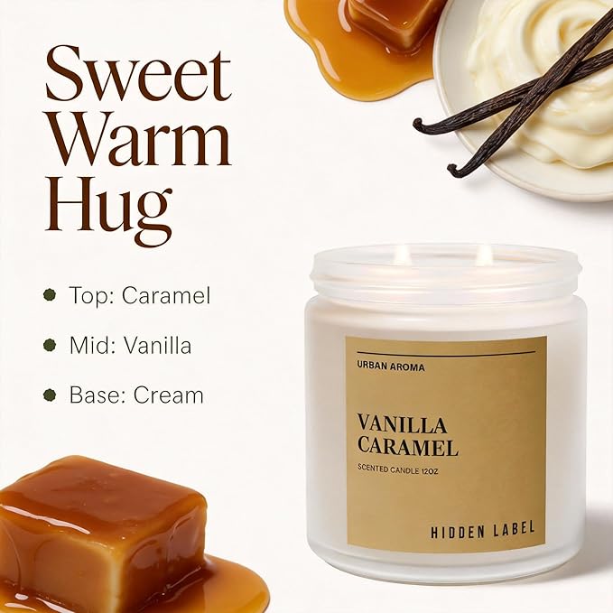 Hidden Label Vanilla Caramel Scented Candle, 12oz Large Soy Wax Candle for Home Scented, 70H Long Lasting 2-Wick Non Toxic Aromatherapy, Sweet & Cozy Home Decor Gift for Relaxation, Stress Relief