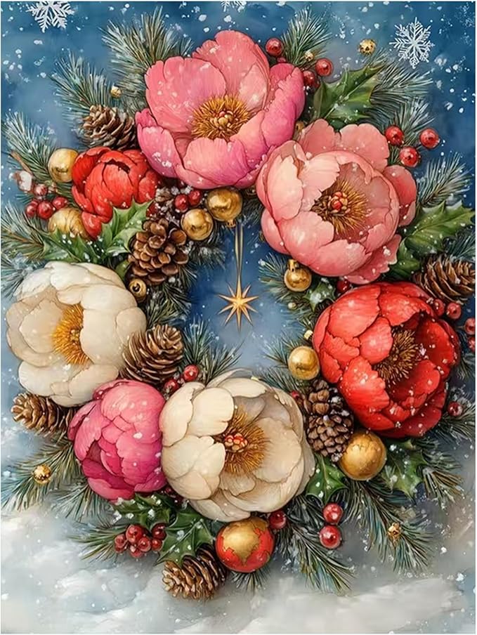 XTCIXAL Christmas Diamond Art Kits for Adults, Wreath Diamond Painting Kit, DIY Beginners Gem Art Suitable for Gifts and Home Wall Decor - 12x16 Inch
