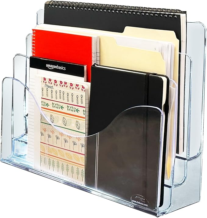 Azar Displays 250099-6PK Three Tier File and Brochure Desktop Wall Organizer Holder with Dividers brochure display stand acrylic file holder, Clear , 6-Pack